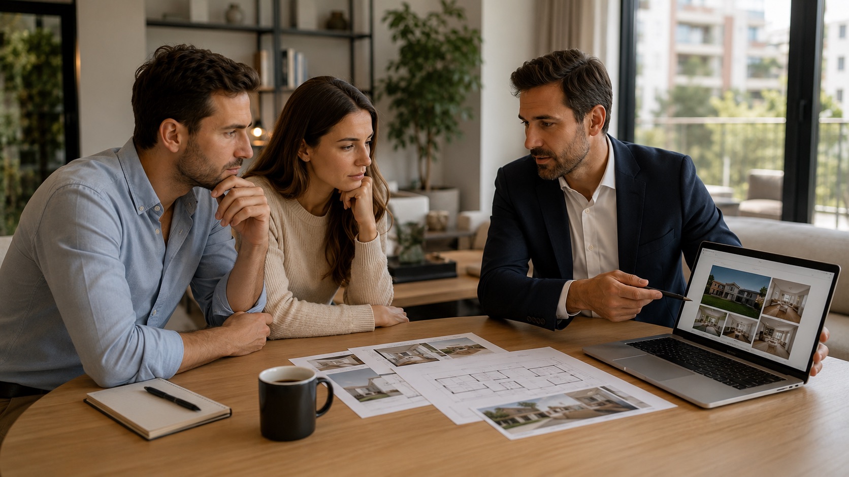 Eigentümer im Gespräch mit einem Immobilienberater über die Vermarktungsstrategie