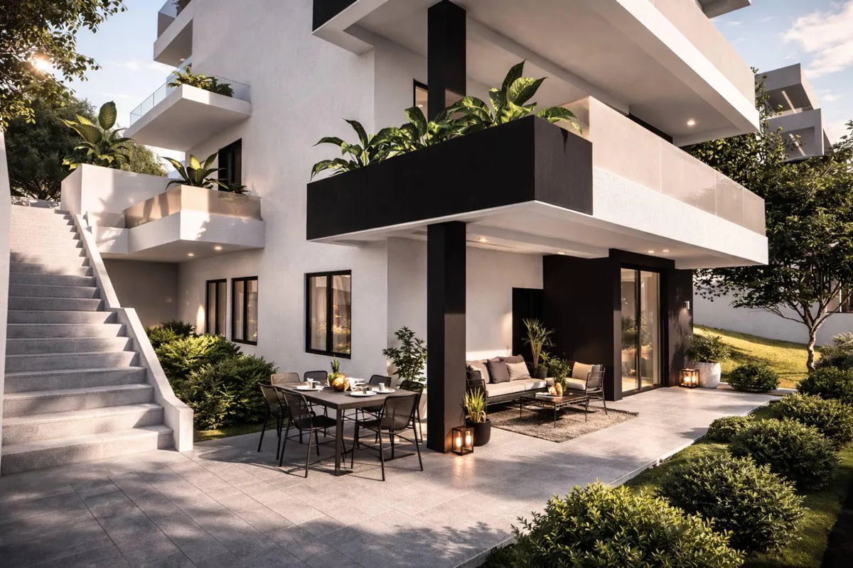 Private terrace with potential lounge and dining zones – 3D visualization