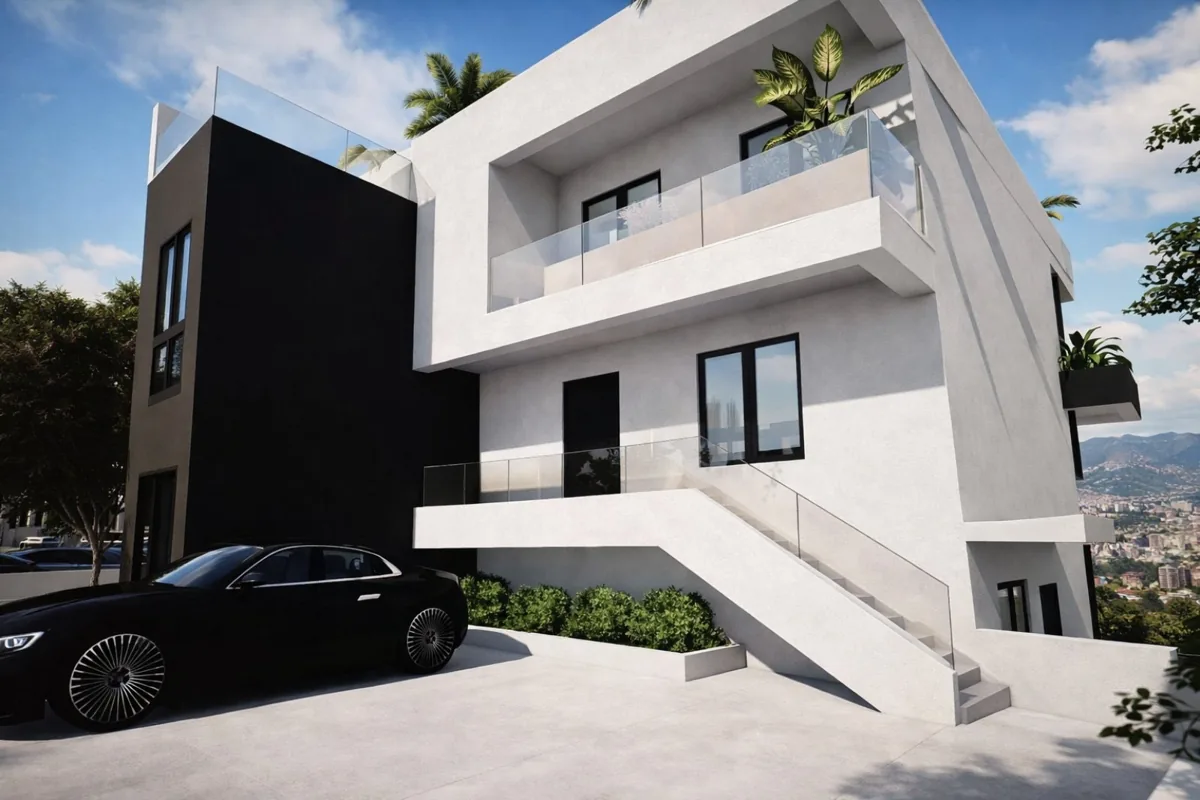 Contemporary facade and access to Aurora Residences in Karaorman