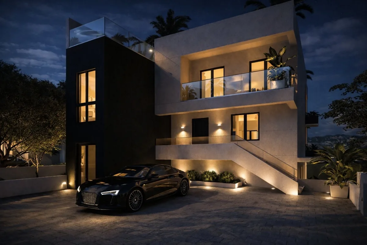Night 3D visualization of Aurora Residences in Gevgelija