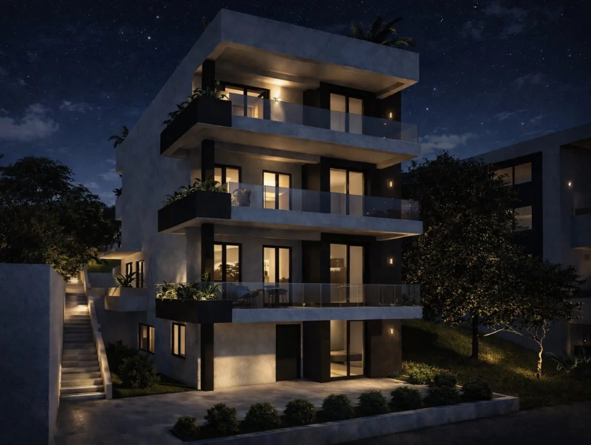 Full night 3D view of the small Aurora Residences development