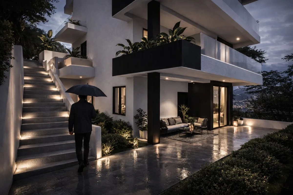 Evening 3D visualization of the outdoor space and terraces
