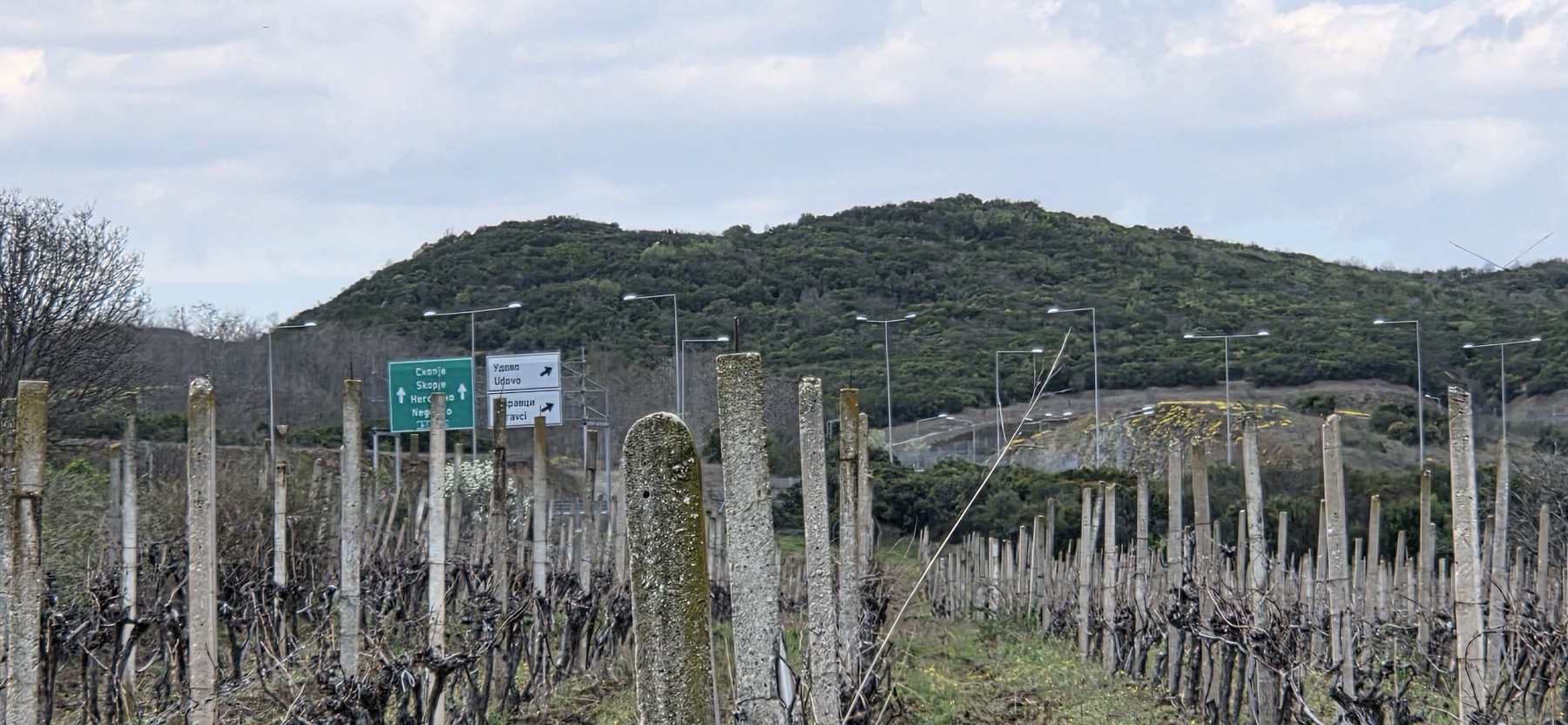 Πινακίδες και αμπελώνας κοντά στον E-75 δίπλα στο Μίραβτσι