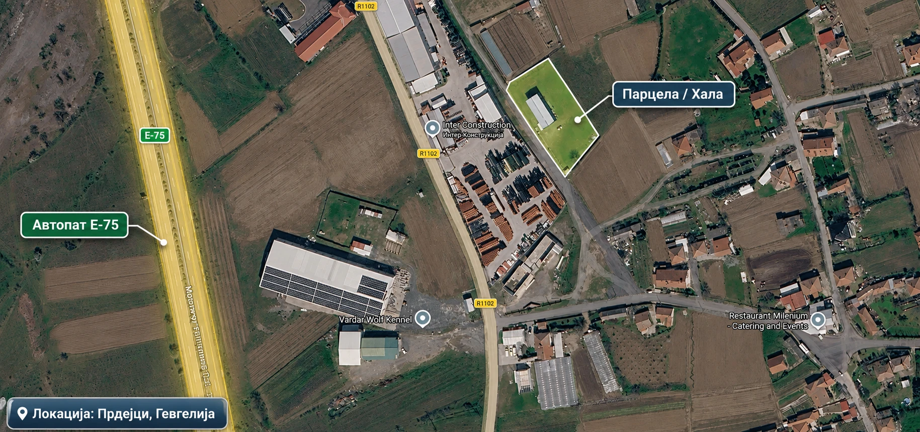 Marked location of industrial land with hall near the E-75 highway